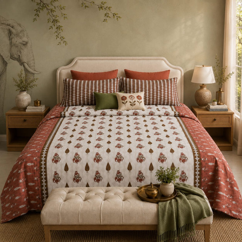 VASTRA Heritage Terracotta 100% Pure Cotton King Size Bedsheet with 2 Pillow Covers | Soft, Breathable & Premium Bedding Set (108 × 108 Inches)