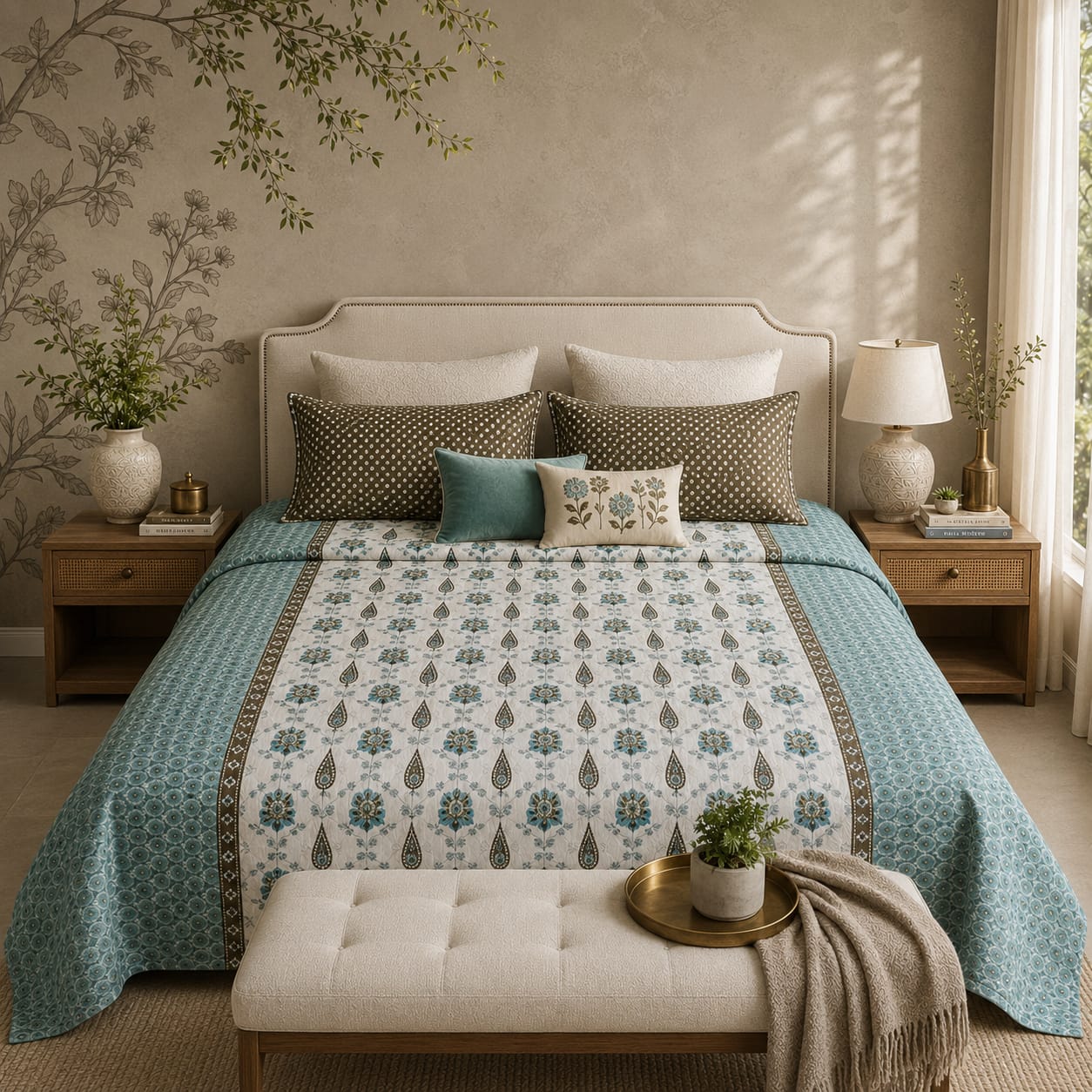 VASTRA Heritage Aqua 100% Pure Cotton King Size Bedsheet with 2 Pillow Covers | Soft, Breathable Premium Bedding Set (108 × 108 Inches)
