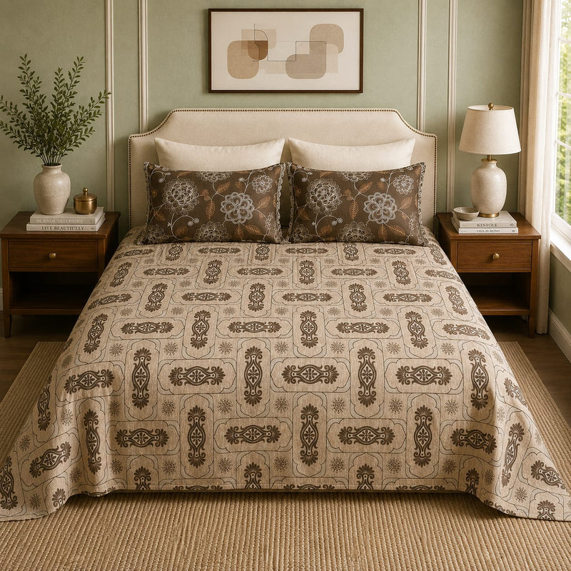 VASTRA Earthen Ornament 100% Pure Cotton King Size Bedsheet with 2 Coordinated Pillow Covers | Premium Brown Printed Bedding Set (108 × 108 Inches)