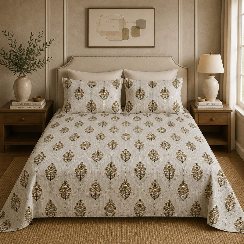 VASTRA Botanical Slate 100% Pure Cotton Double Bed Bedsheet with 2 Coordinated Pillow Covers | Premium Botanical Printed Bedding Set (90 × 100 Inches)