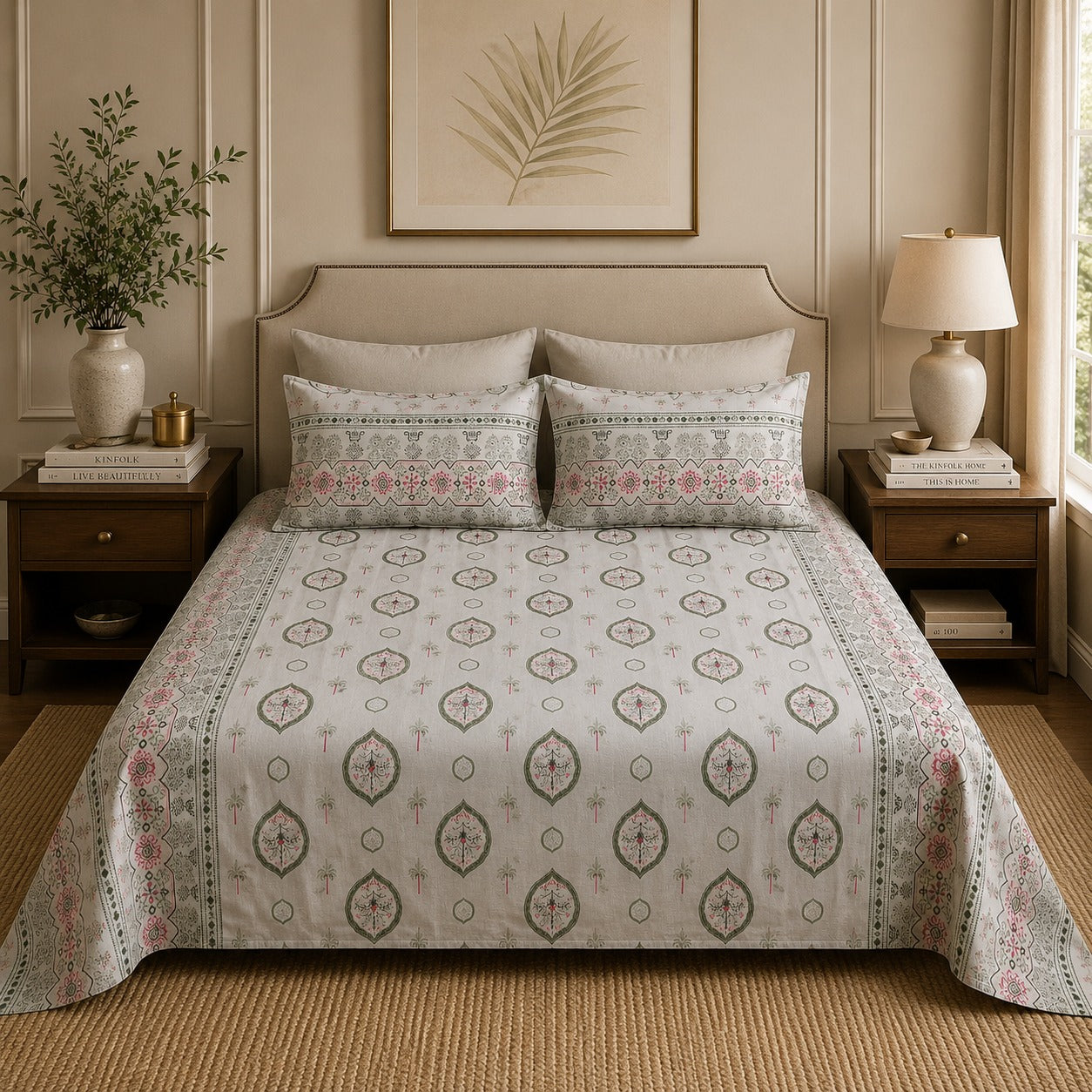 VASTRA Sage Whisper 100% Pure Cotton Double Bed Bedsheet with 2 Pillow Covers | Premium Floral Border Printed Bedding Set (100 × 100 Inches)