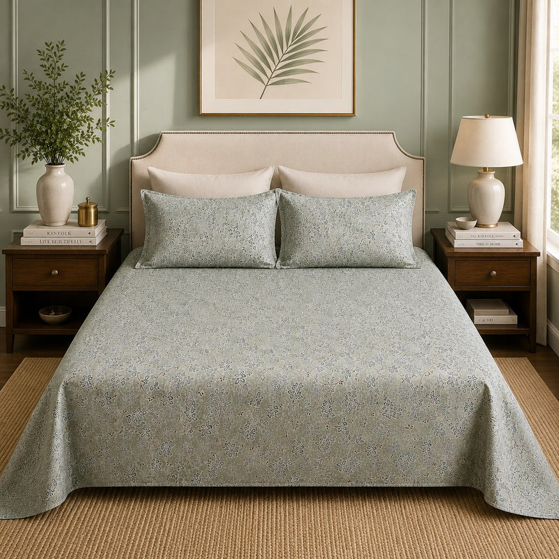 VASTRA Olive Harmony Premium 100% Pure Cotton Double Bedsheet with 2 Coordinated Pillow Covers | Floral Vine Print | 90 x 100 Inches