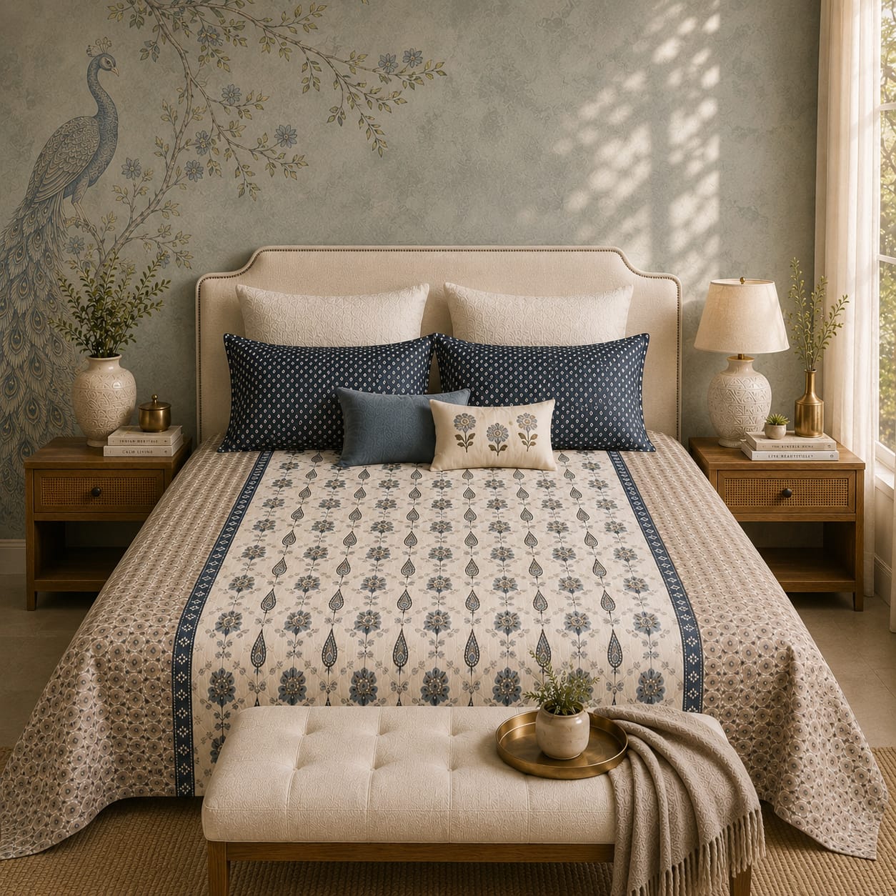 VASTRA Ivory Blue Heritage 100% Pure Cotton King Size Bedsheet with 2 Pillow Covers | Premium Printed Bedding Set (108 × 108 Inches)