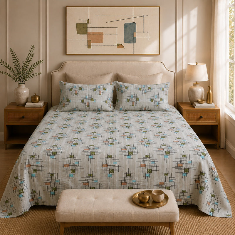 VASTRA Modern Abstract 100% Pure Cotton Double Bed Bedsheet with 2 Pillow Covers | Premium Geometric Printed Bedding Set (90 × 100 Inches)