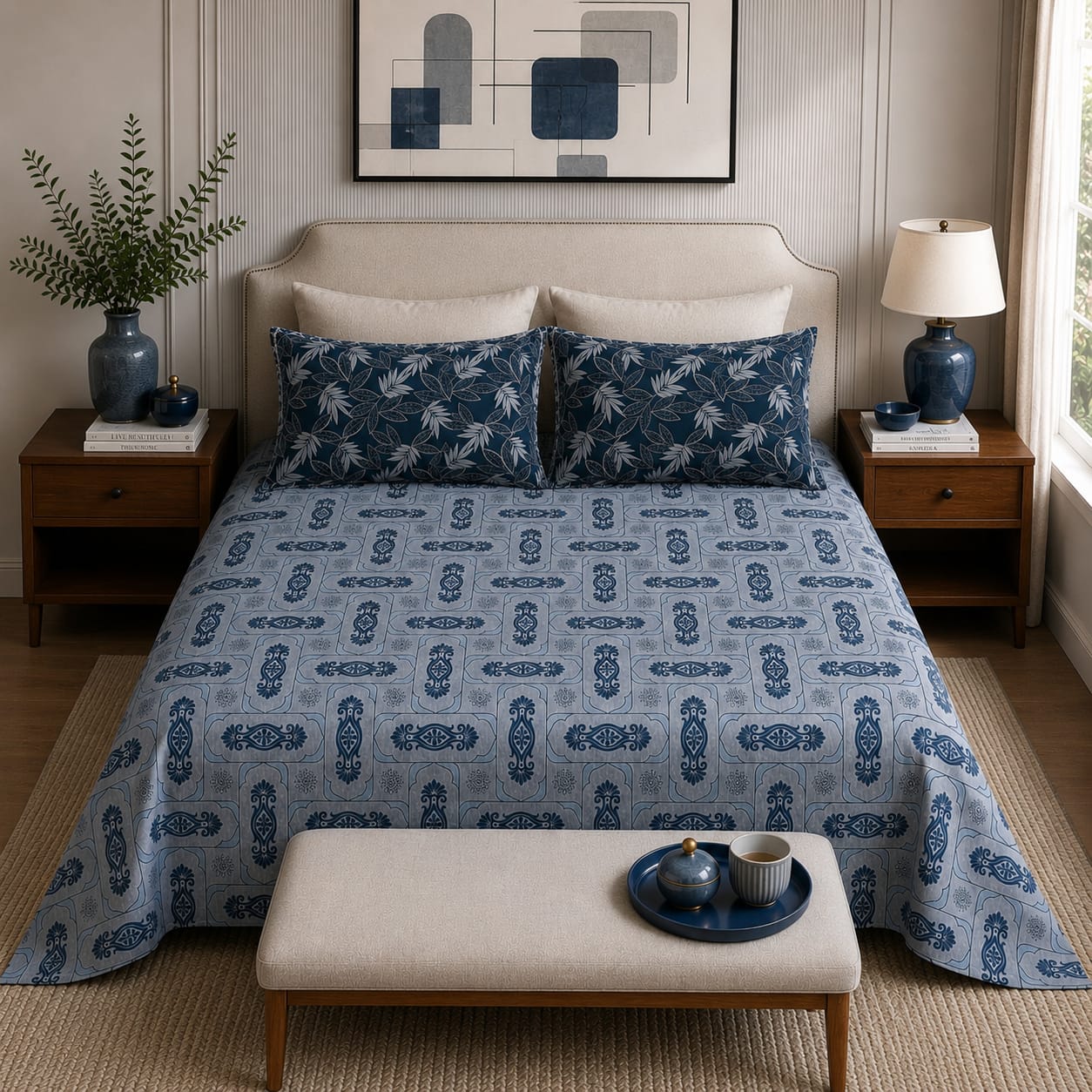 VASTRA Midnight Ornament 100% Pure Cotton Double Bed Bedsheet with 2 Pillow Covers | Premium Blue Printed Bedding Set (90 × 100 Inches)