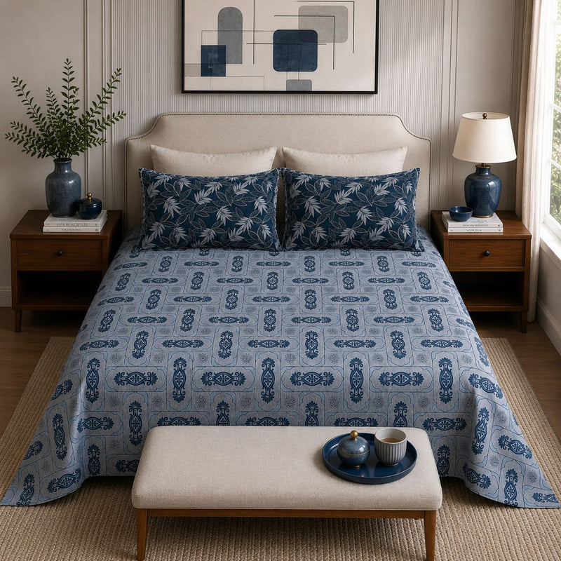 VASTRA Midnight Ornament 100% Pure Cotton Double Bed Bedsheet with 2 Pillow Covers | Premium Blue Printed Bedding Set (90 × 100 Inches)
