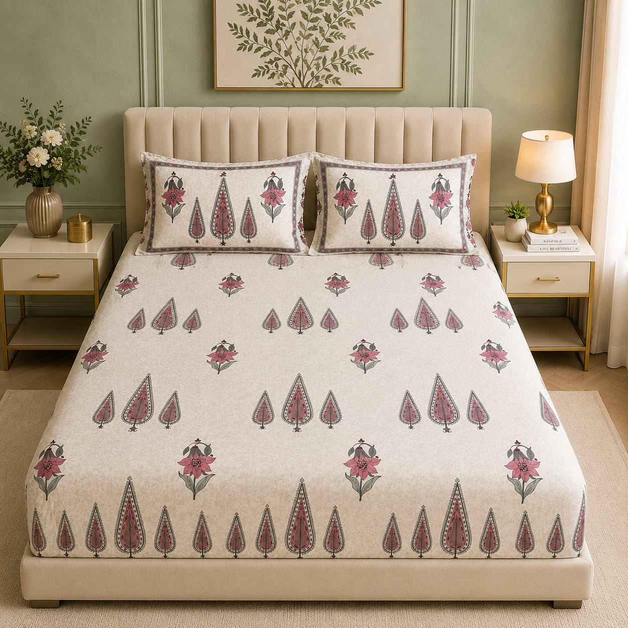 VASTRA Home Textiles Rainbow Premium Fitted Bedsheet for Double Bed | 75 x 80 x 12 Inches | 360° Elastic Fit | 2 Pillow Covers | Beige Paisley Floral Print