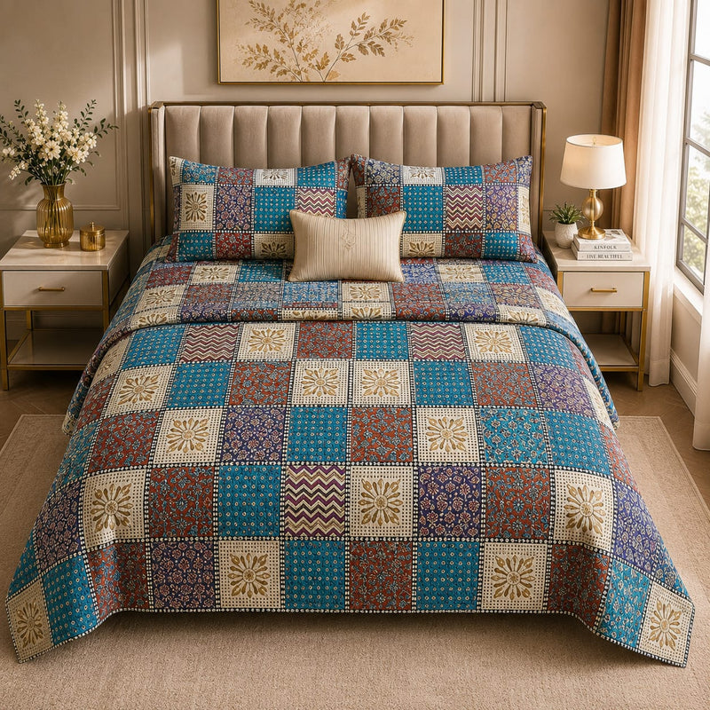MOCA by Monte Carlo Comfort 100% Pure Cotton Double Bed Bedsheet with 2 Pillow Covers | Premium Multicolor Patchwork Printed Bedding Set (90 × 100 Inches)