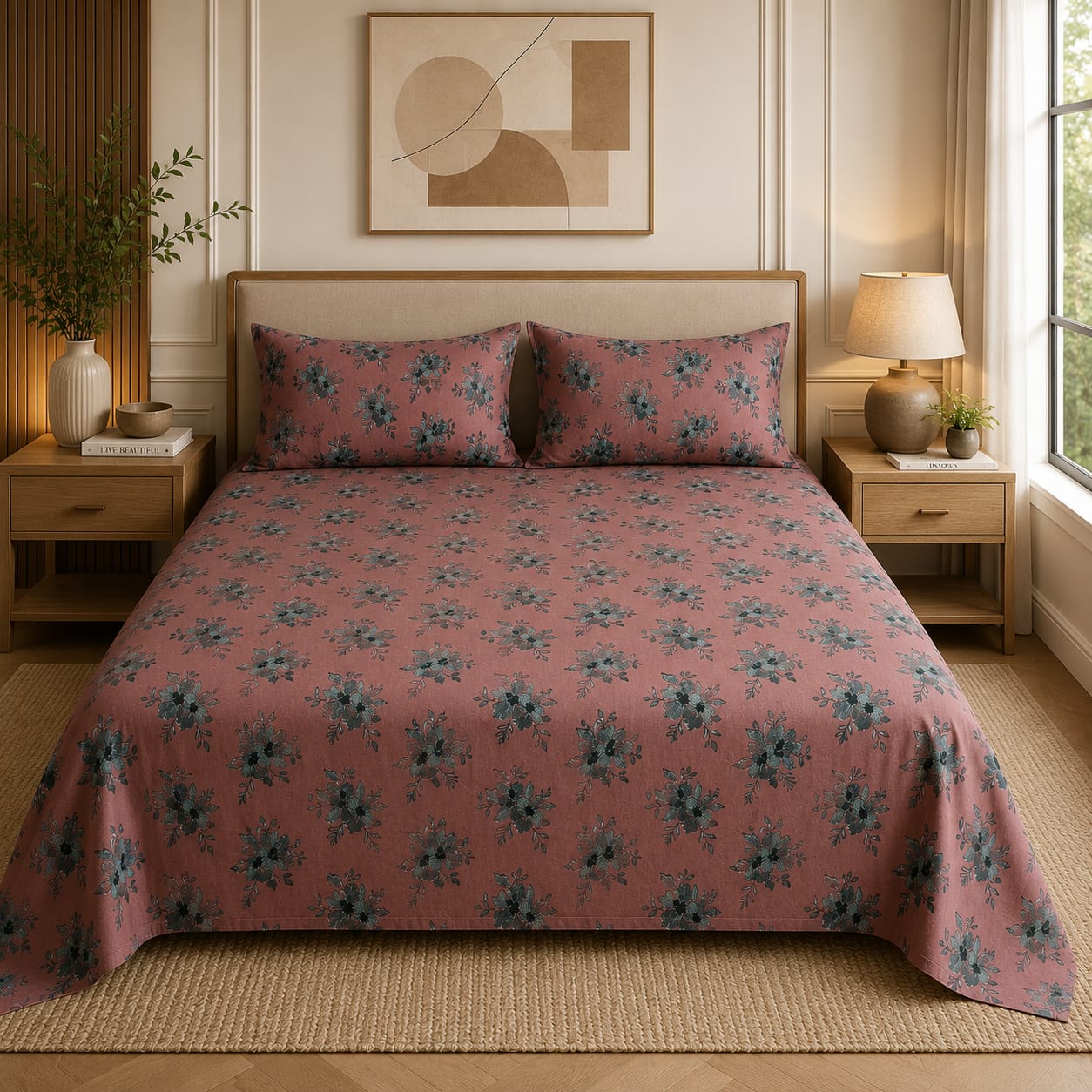 VASTRA Vintage Rose 100% Pure Cotton King Size Bedsheet with 2 Pillow Covers | Soft Floral Printed Bedding Set (108 × 108 Inches)