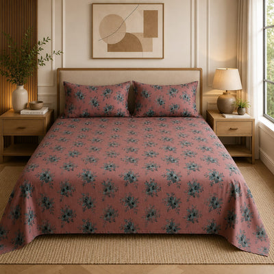 VASTRA Vintage Rose 100% Pure Cotton King Size Bedsheet with 2 Pillow Covers | Soft Floral Printed Bedding Set (108 × 108 Inches)