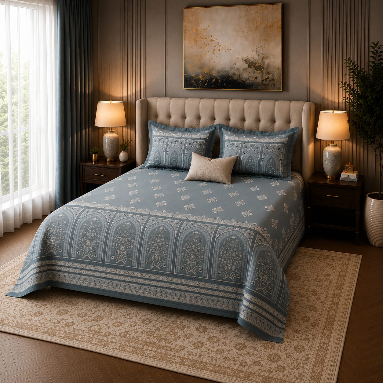VASTRA Blue Majesty 100% Pure Cotton King Size Bedsheet with 2 Pillow Covers | Premium Blue Printed Bedding Set (108 × 108 Inches)