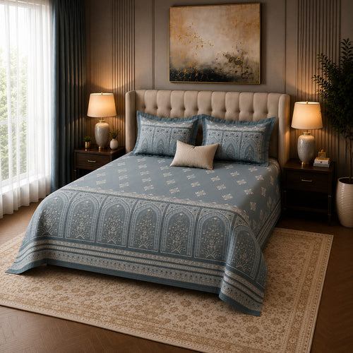 VASTRA Blue Majesty 100% Pure Cotton King Size Bedsheet with 2 Pillow Covers | Premium Blue Printed Bedding Set (108 × 108 Inches)