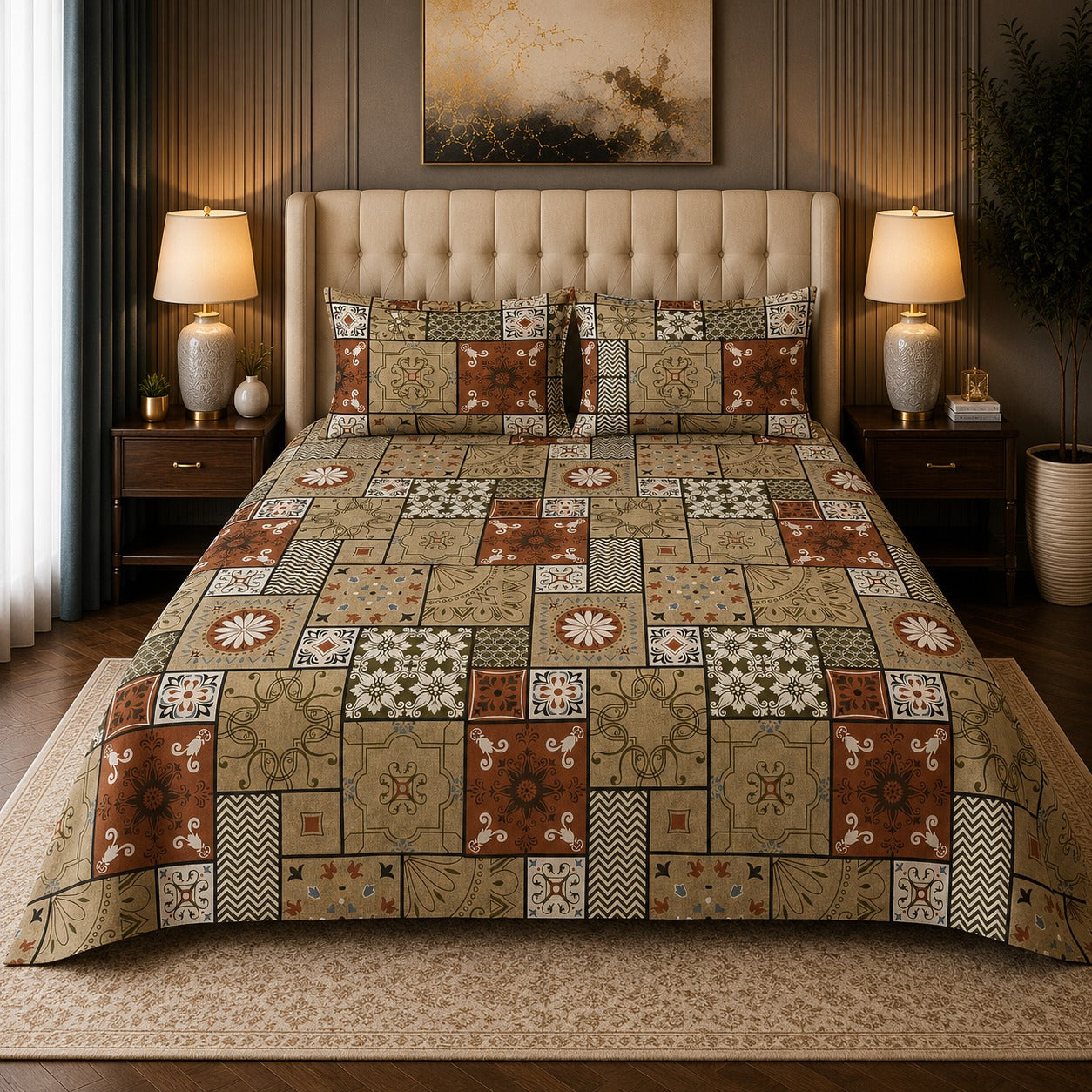 VASTRA Rajwadi Mosaic 100% Pure Cotton Double Bed Bedsheet with 2 Pillow Covers | Premium Mosaic Printed Bedding Set (90 × 100 Inches)