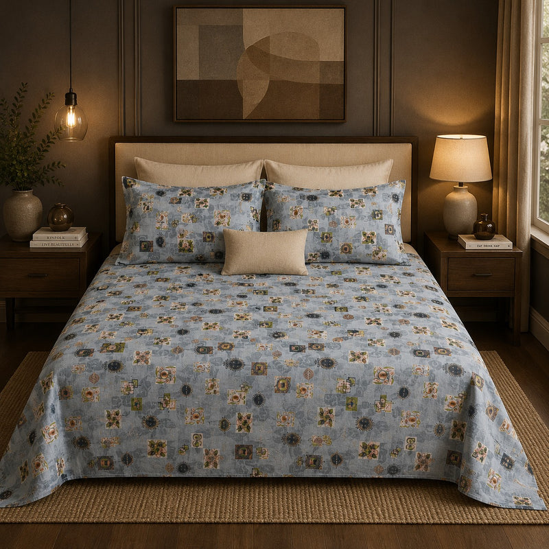 VASTRA Azure Haven 100% Pure Cotton Double Bed Bedsheet with 2 Pillow Covers | Premium Blue Printed Bedding Set (90 × 100 Inches)