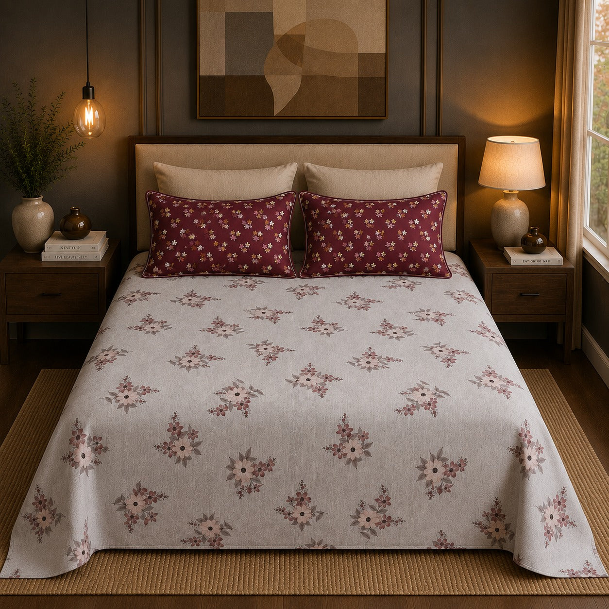 VASTRA Rose Whisper 100% Pure Cotton Double Bed Bedsheet with 2 Pillow Covers | Premium Floral Printed Bedding Set (90 × 100 Inches)