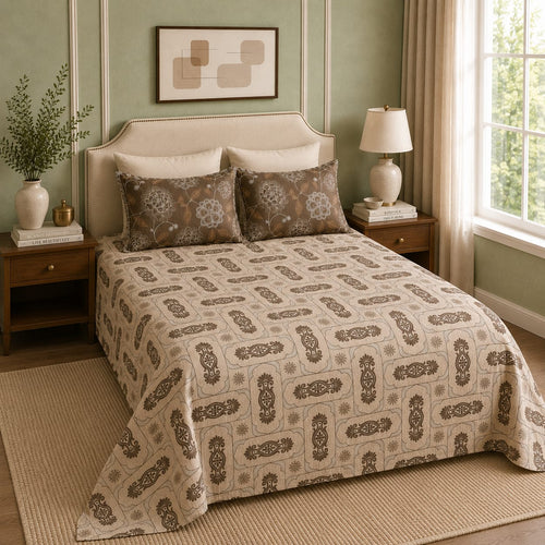 VASTRA Earthen Ornament 100% Pure Cotton King Size Bedsheet with 2 Coordinated Pillow Covers | Premium Brown Printed Bedding Set (108 × 108 Inches)