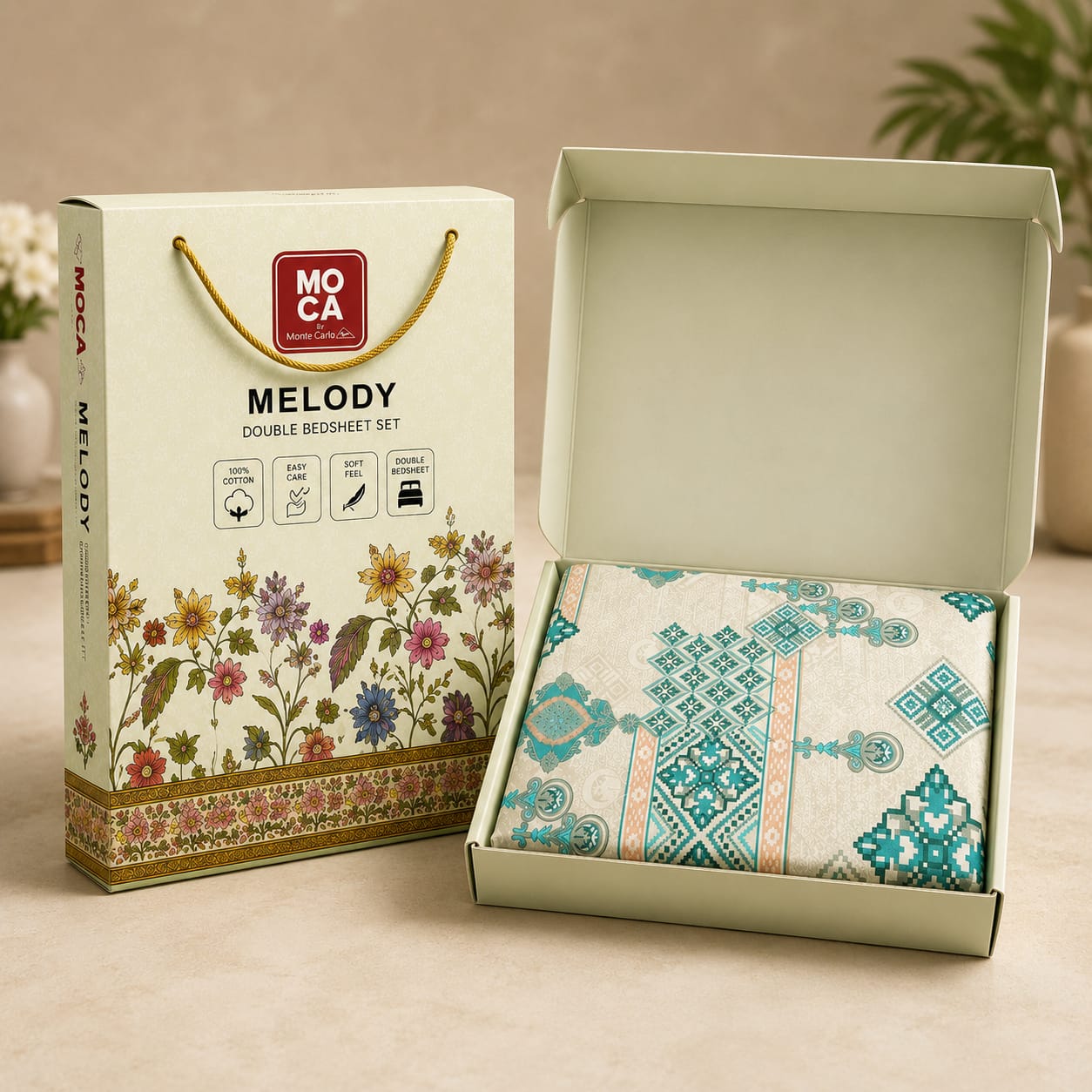 MOCA by Monte Carlo Melody 100% Pure Cotton Double Bed Bedsheet with 2 Pillow Covers | Premium Blue Ethnic Printed Bedding Set (90 × 100 Inches)