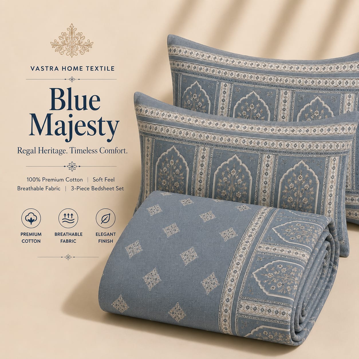 VASTRA Blue Majesty 100% Pure Cotton King Size Bedsheet with 2 Pillow Covers | Premium Blue Printed Bedding Set (108 × 108 Inches)
