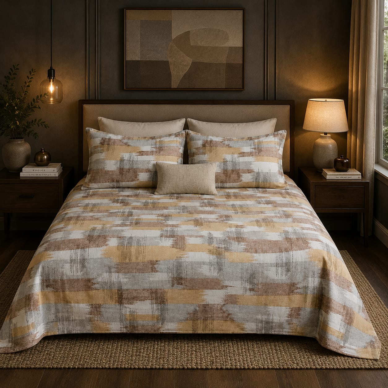 VASTRA Desert Canvas 100% Pure Cotton King Size Bedsheet with 2 Pillow Covers | Premium Abstract Printed Bedding Set (108 × 108 Inches)