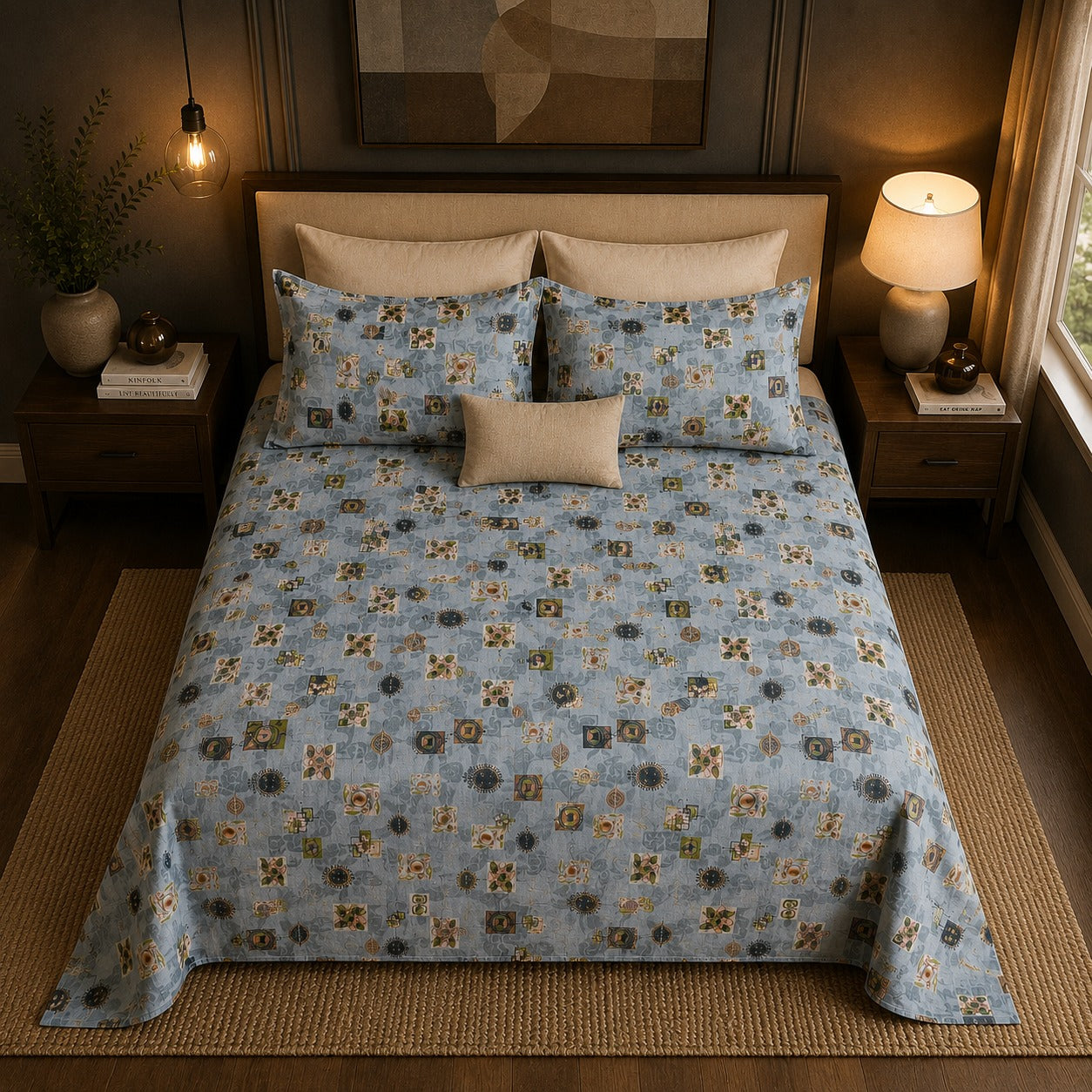 VASTRA Azure Haven 100% Pure Cotton Double Bed Bedsheet with 2 Pillow Covers | Premium Blue Printed Bedding Set (90 × 100 Inches)