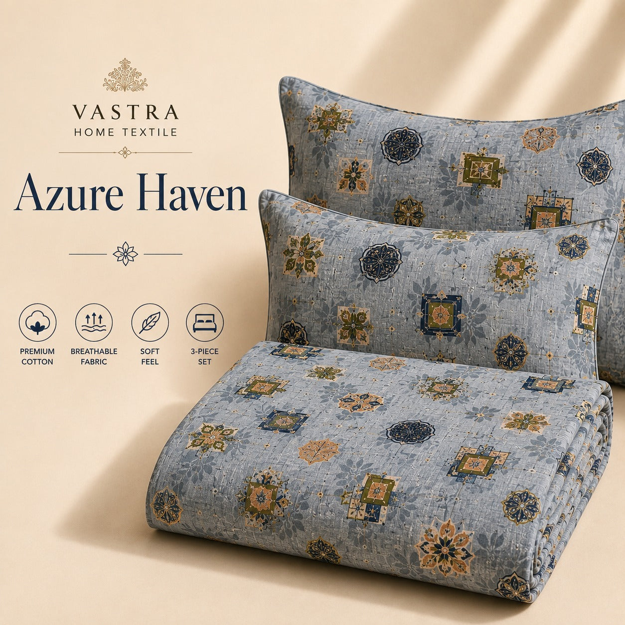 VASTRA Azure Haven 100% Pure Cotton Double Bed Bedsheet with 2 Pillow Covers | Premium Blue Printed Bedding Set (90 × 100 Inches)